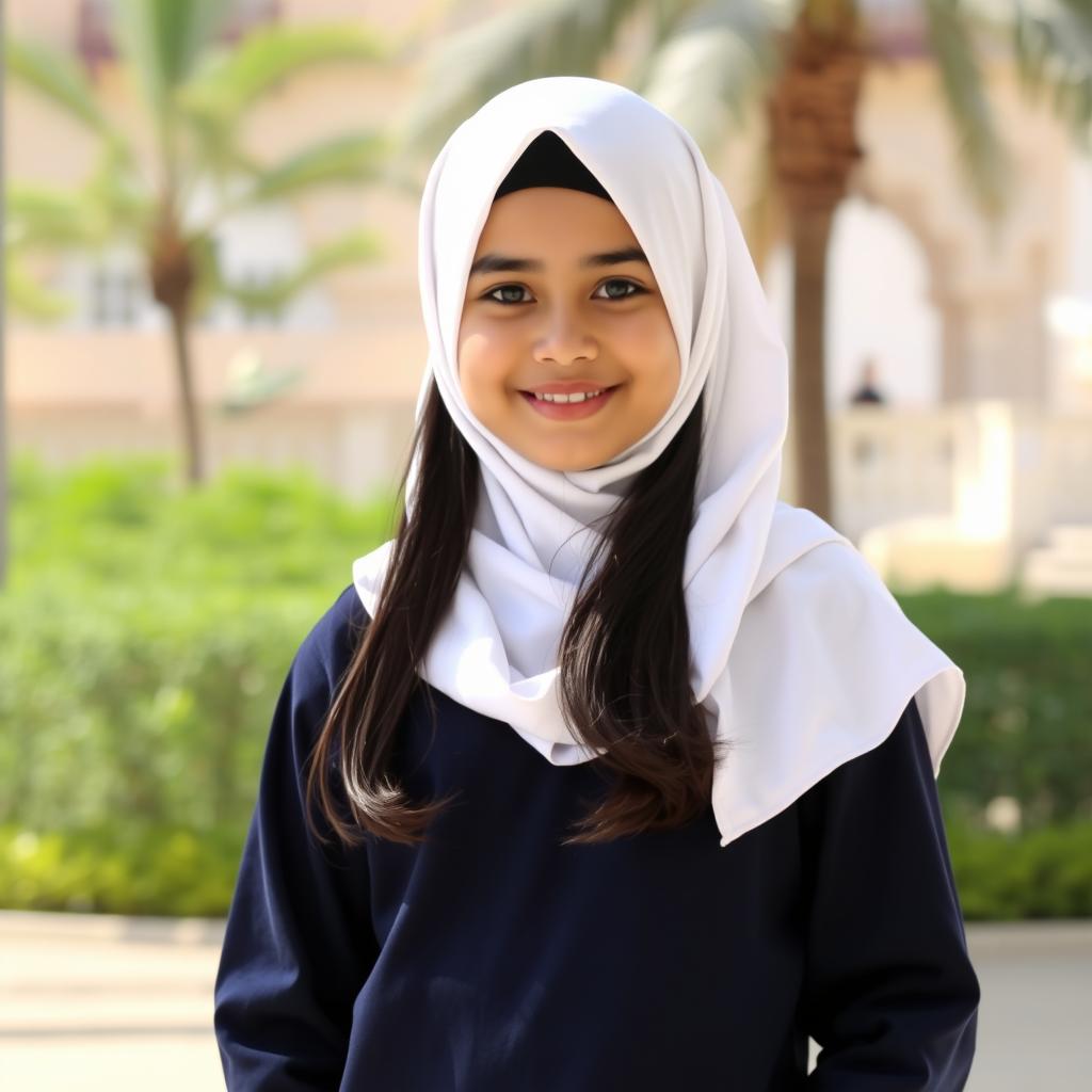 An Omani girl wearing a white hijab, a navy blue school uniform with a white shirt underneath, standing confidently in a bright, serene environment