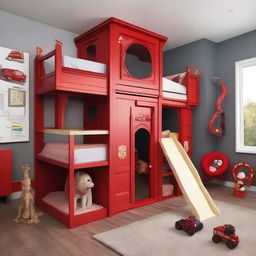 A children's room designed to resemble a fire station, including a bunk bed equipped with an exciting slide.