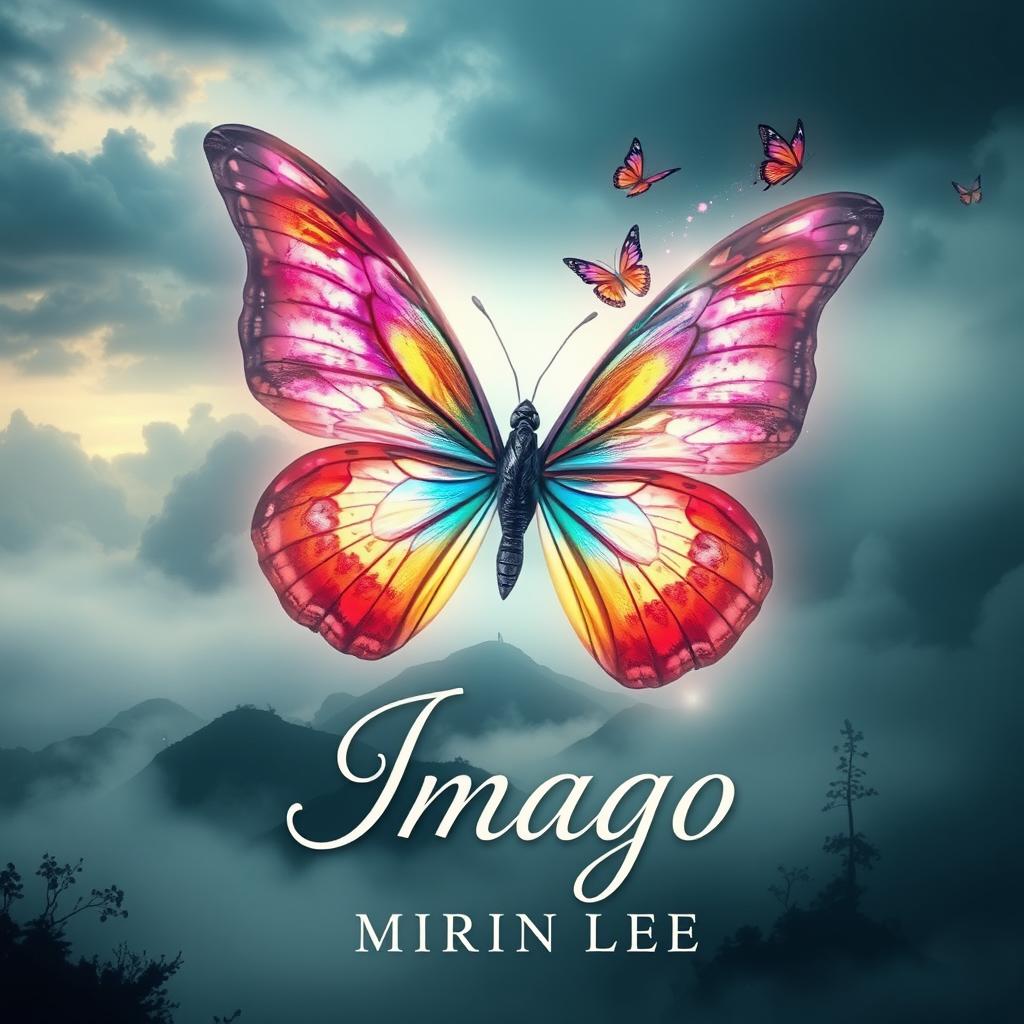 A mystical and ethereal book cover for 'Imago' by Mirin Lee, featuring a vibrant and surreal butterfly, with intricate wings that shimmer in a rainbow of colors