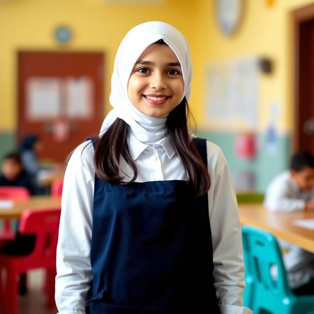 A Lebanese girl wearing a white hijab, a navy blue apron, and a white shirt, smiling and posing in a bright, cheerful environment