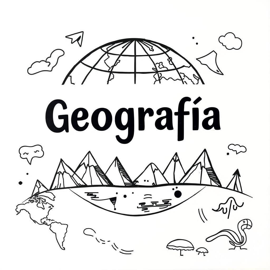 A school cover page designed for a geography project for a young student, featuring the word "Geografía" prominently in bold, stylish typography