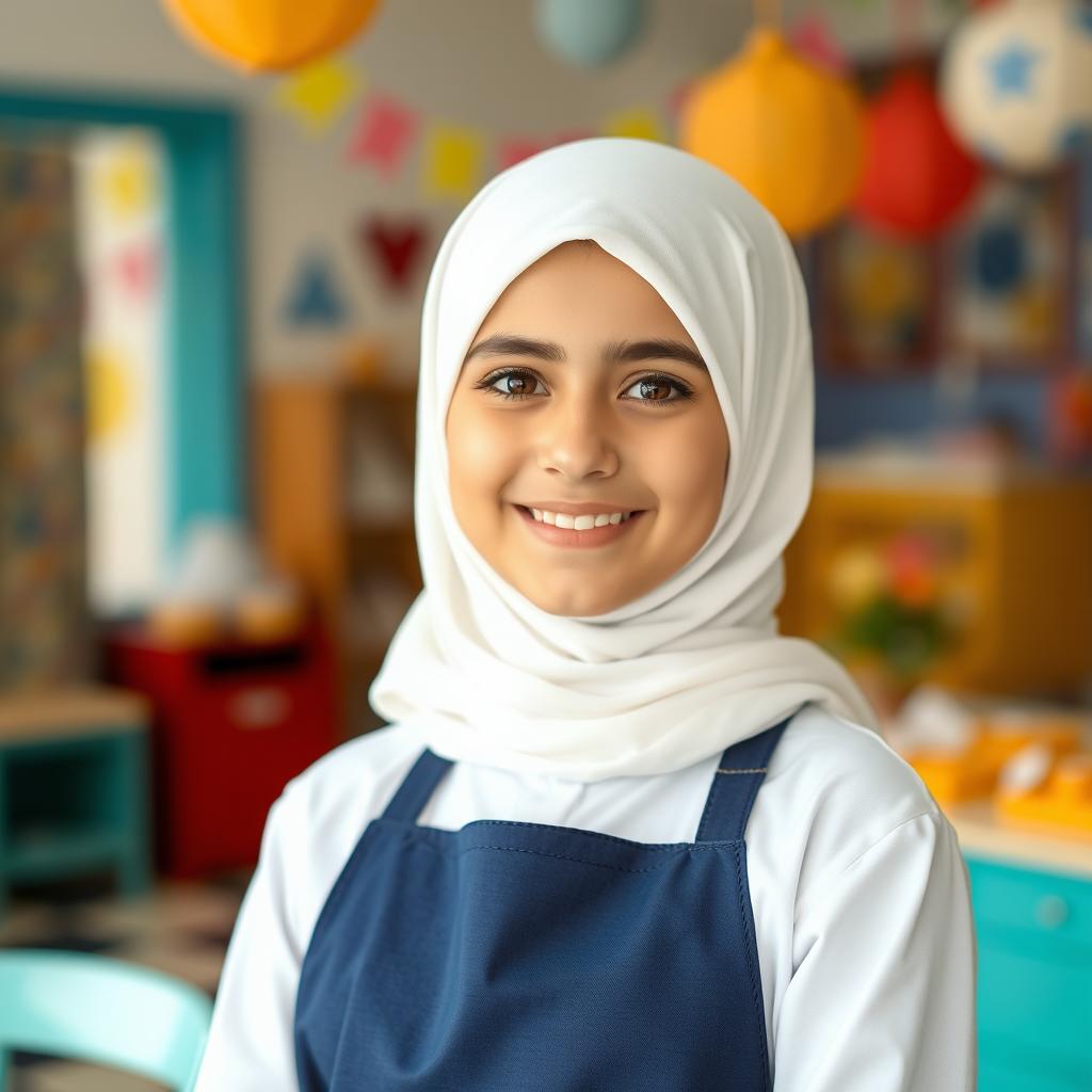 A Lebanese girl wearing a white hijab, a navy blue apron, and a white shirt
