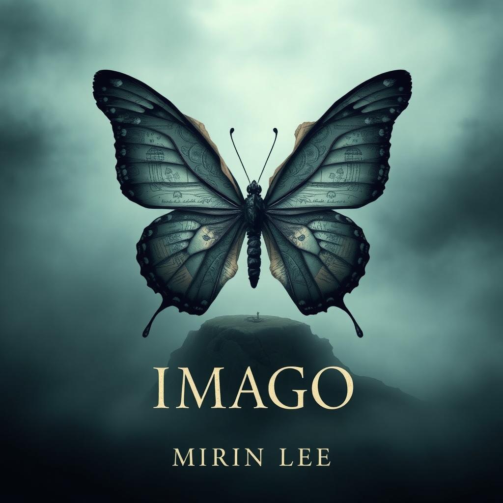 A hauntingly beautiful book cover for 'Imago' by Mirin Lee, featuring an intricately designed butterfly with tattered wings, set against a background of a mysterious distant island shrouded in mist