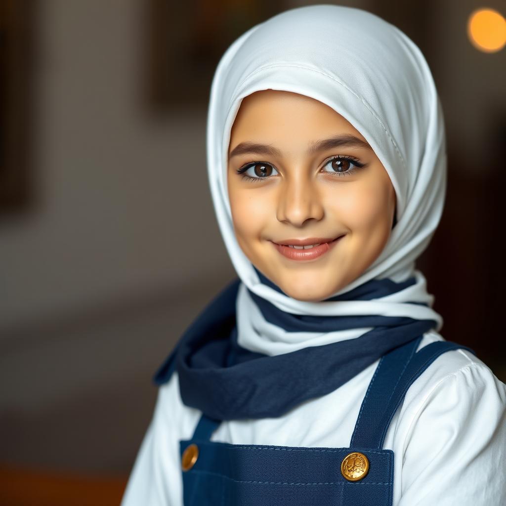 A captivating portrait of a young Lebanese girl wearing a stunning white hijab, paired with a navy blue apron and a crisp white shirt
