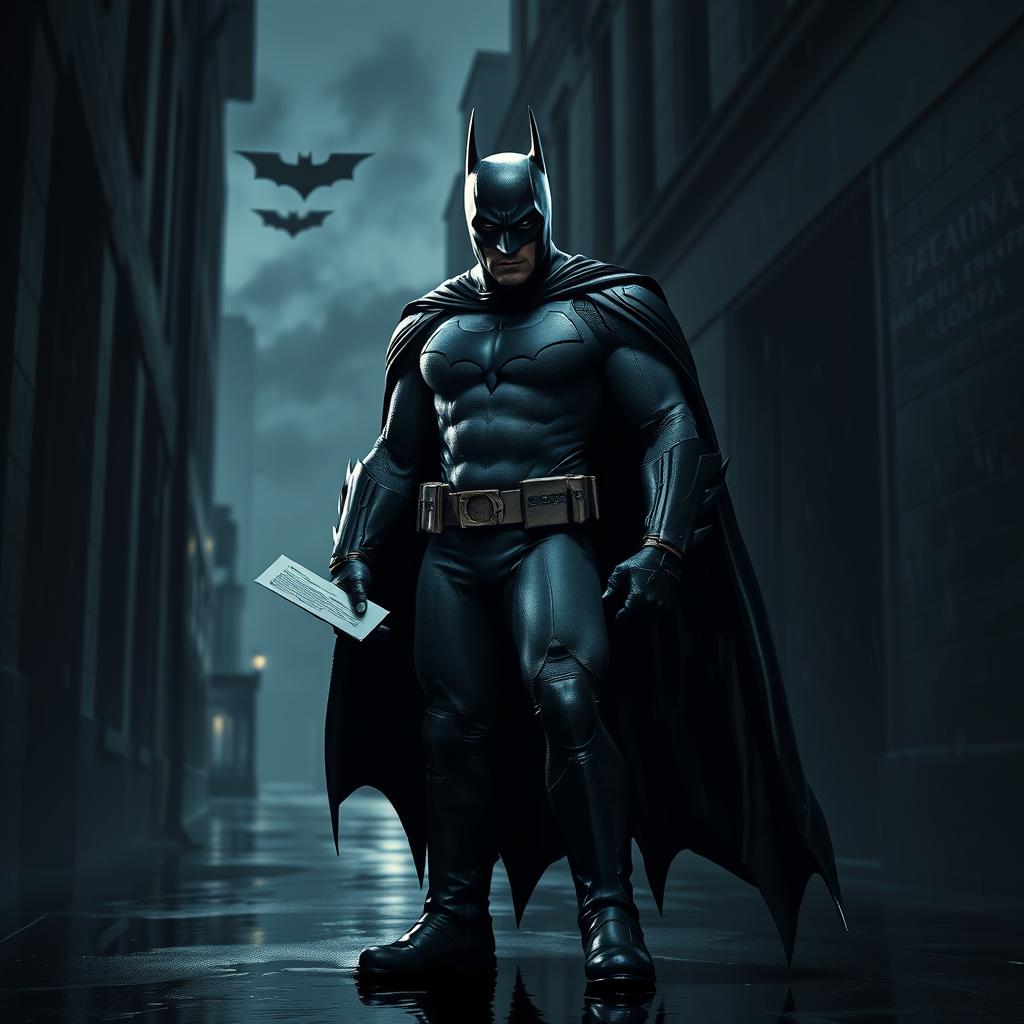 A dramatic scene featuring Batman standing in a dark, moody Gotham City alleyway