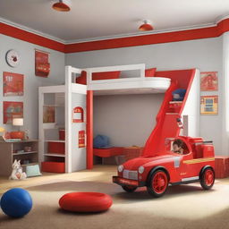 A children's room designed to resemble a fire station, including a bunk bed equipped with an exciting slide.