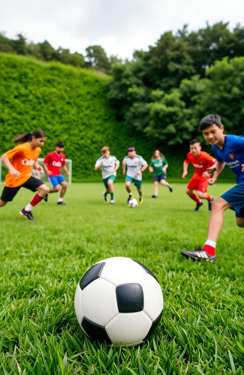 A vibrant scene featuring a lush green grass background with energetic football players in action, showcasing diverse athletes wearing colorful jerseys and shorts