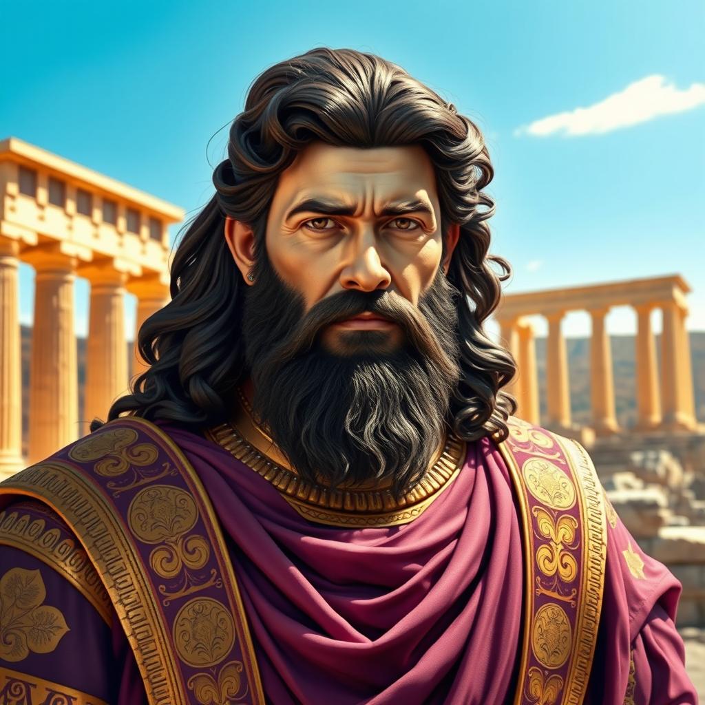 An imposing and majestic portrait of Cyrus the Great, the founder of the Achaemenid Empire