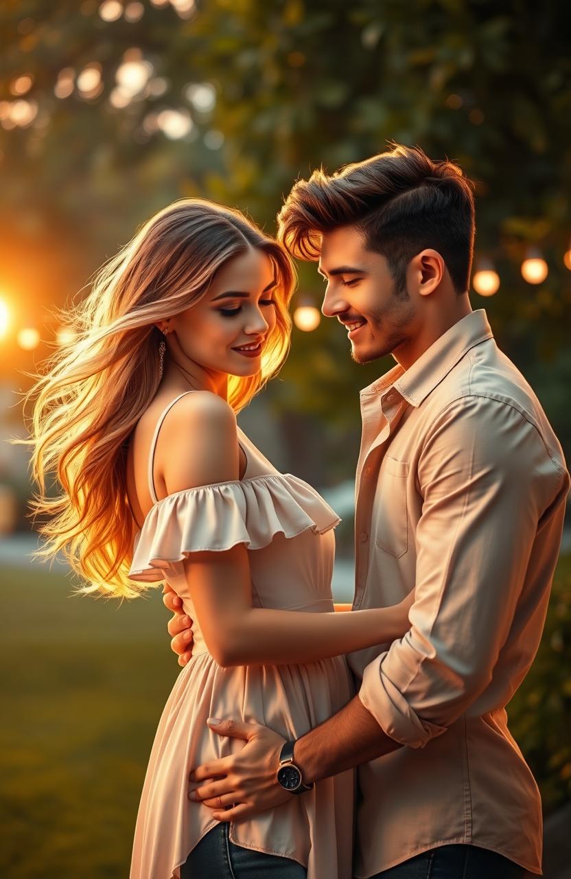A romantic scene depicting a couple where the guy is portrayed as a charming player, exuding confidence and charisma, while the girl is depicted as sweet and innocent, with a gentle and delicate demeanor