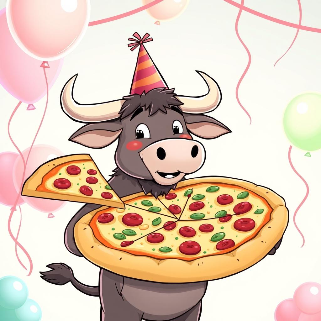 A humorous cartoon depicting a Taurus zodiac sign character joyfully holding a large pizza