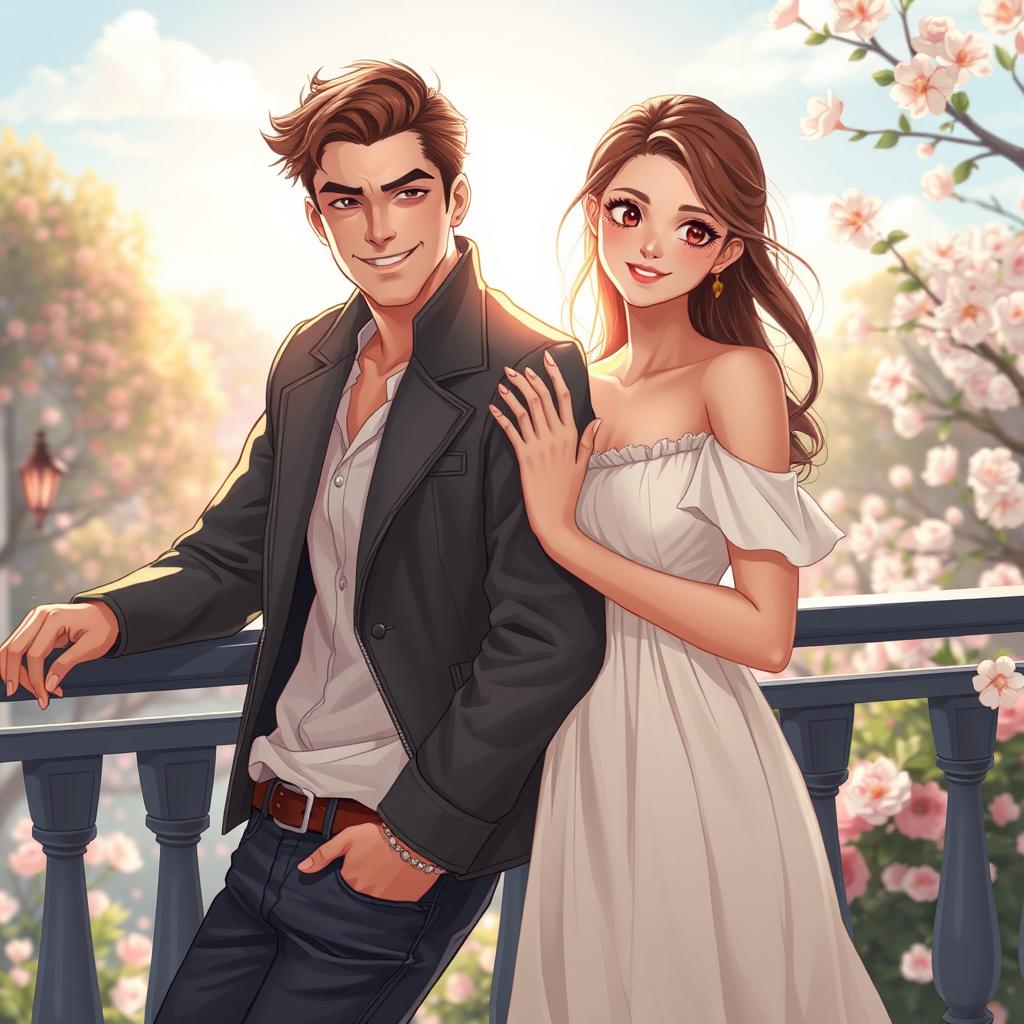A romantic scene illustrating a charming couple where the guy, a confident player, wears a stylish fitted jacket and a mischievous grin, leaning casually against a railing
