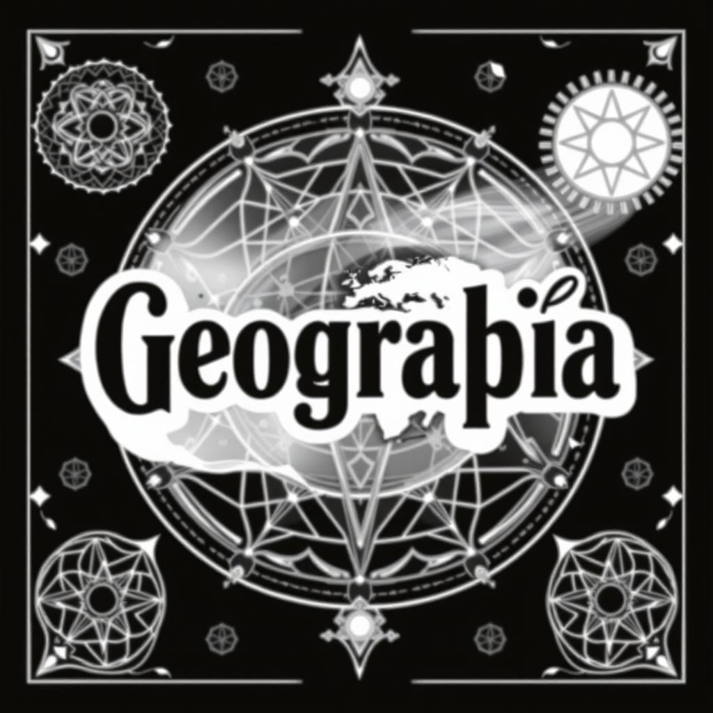 A visually striking school cover design featuring the word "Geografía" in an artistic, bold font, presented in black and white