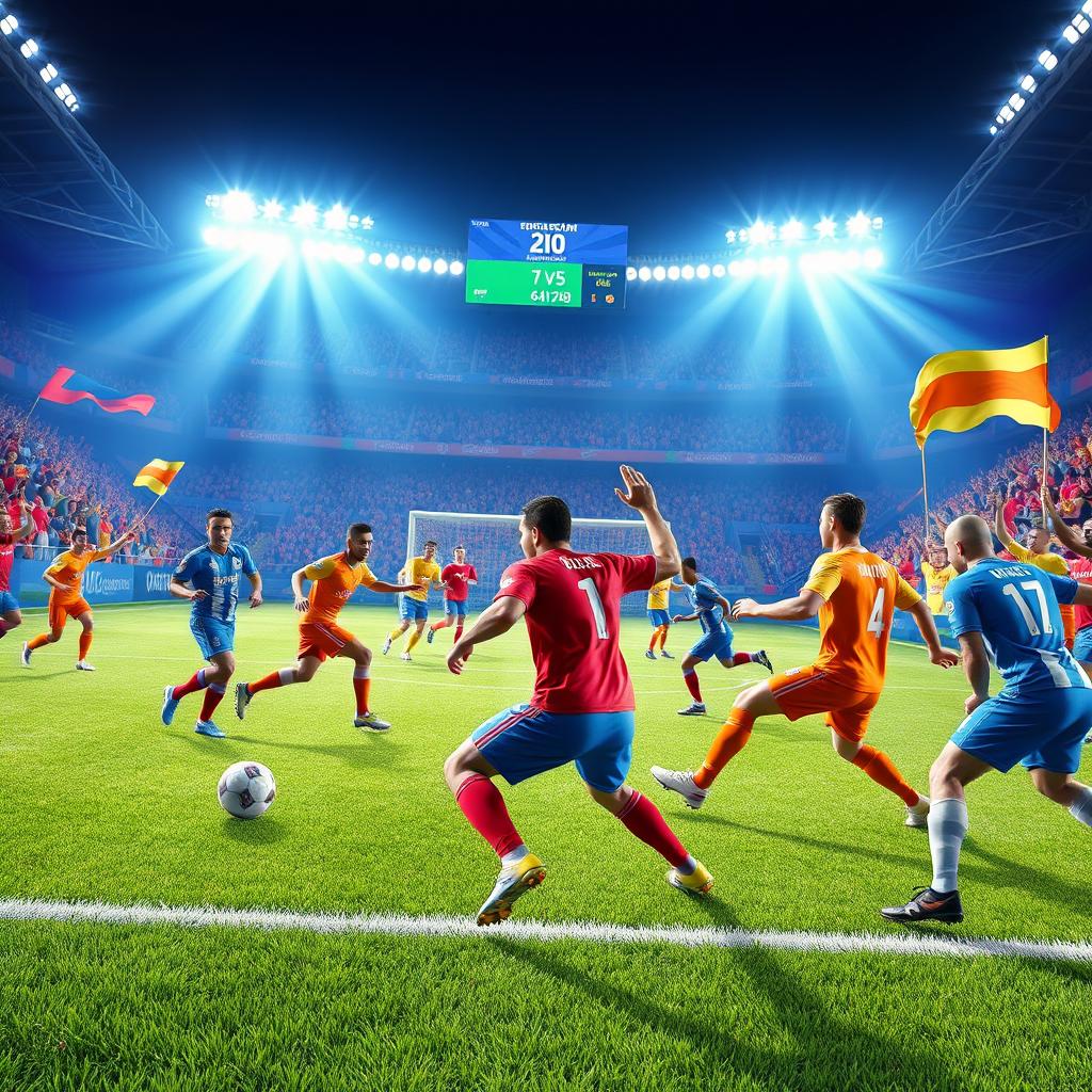 An exciting gaming scene showcasing an intense 4 vs 4 soccer showdown in a vibrant stadium filled with cheering fans