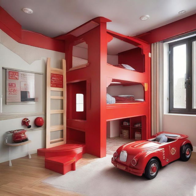 A children's room designed to resemble a fire station, including a bunk bed equipped with an exciting slide.