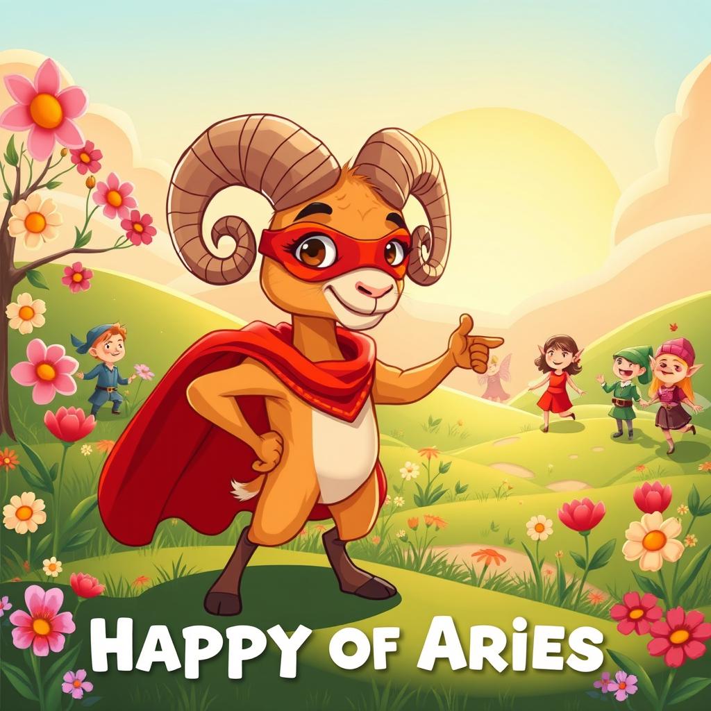 A humorous cartoon-style fantasy illustration representing the month of Aries