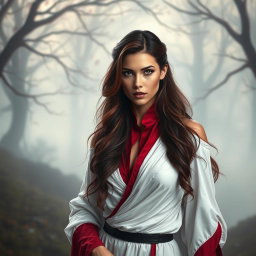 A fantasy woman dressed in flowing white clothing that exudes elegance and mystery, adorned with striking red accents that catch the eye