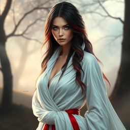 A fantasy woman dressed in flowing white clothing that exudes elegance and mystery, adorned with striking red accents that catch the eye