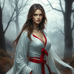 A fantasy woman dressed in flowing white clothing that exudes elegance and mystery, adorned with striking red accents that catch the eye