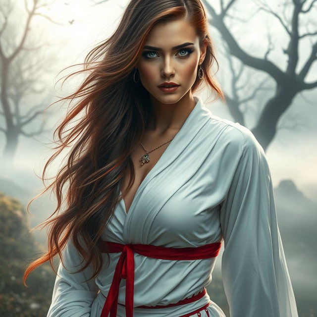 A fantasy woman dressed in flowing white clothing that exudes elegance and mystery, adorned with striking red accents that catch the eye
