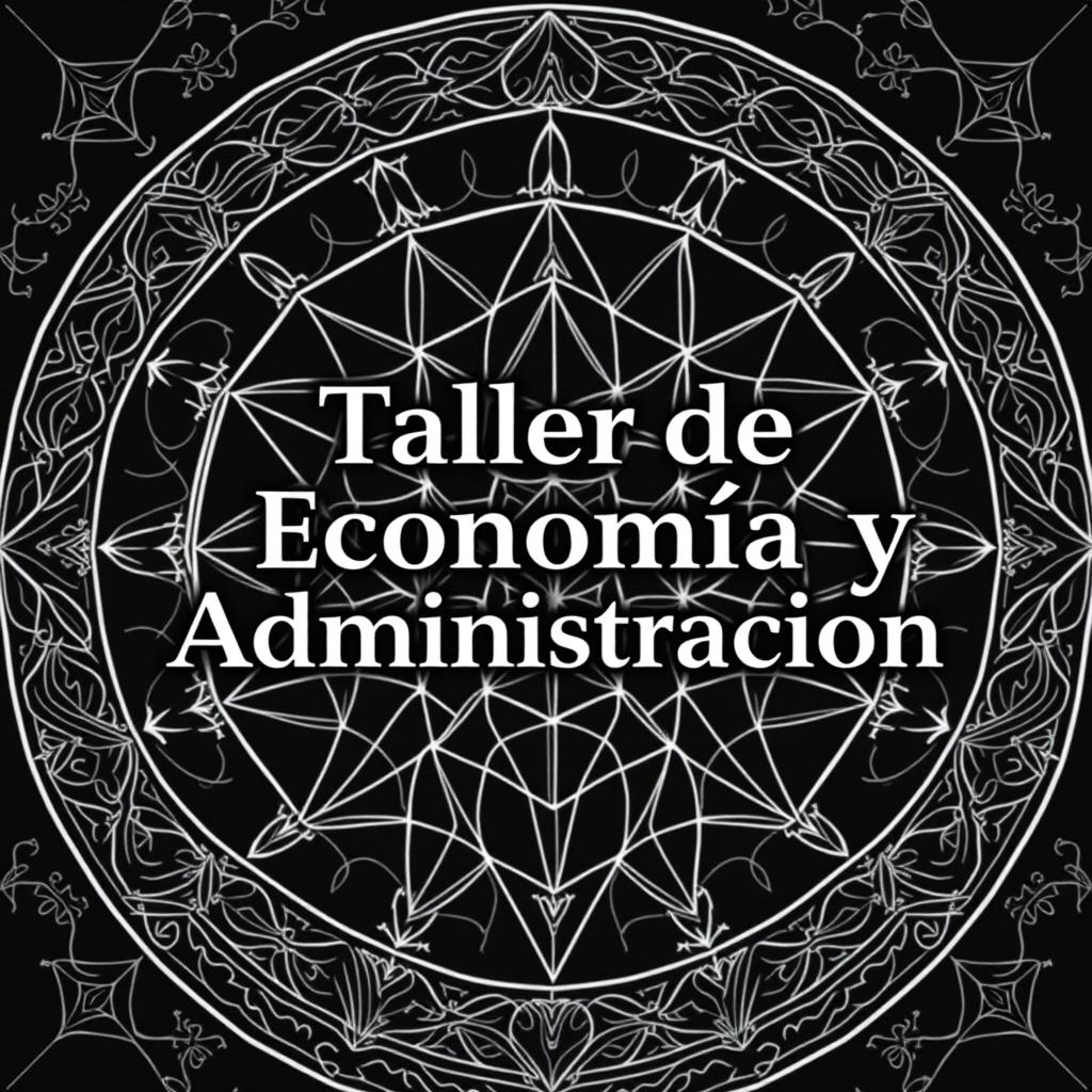 An elegant school cover design featuring the title "Taller de Economía y Administración" rendered in a prominent, modern font, displayed in black and white