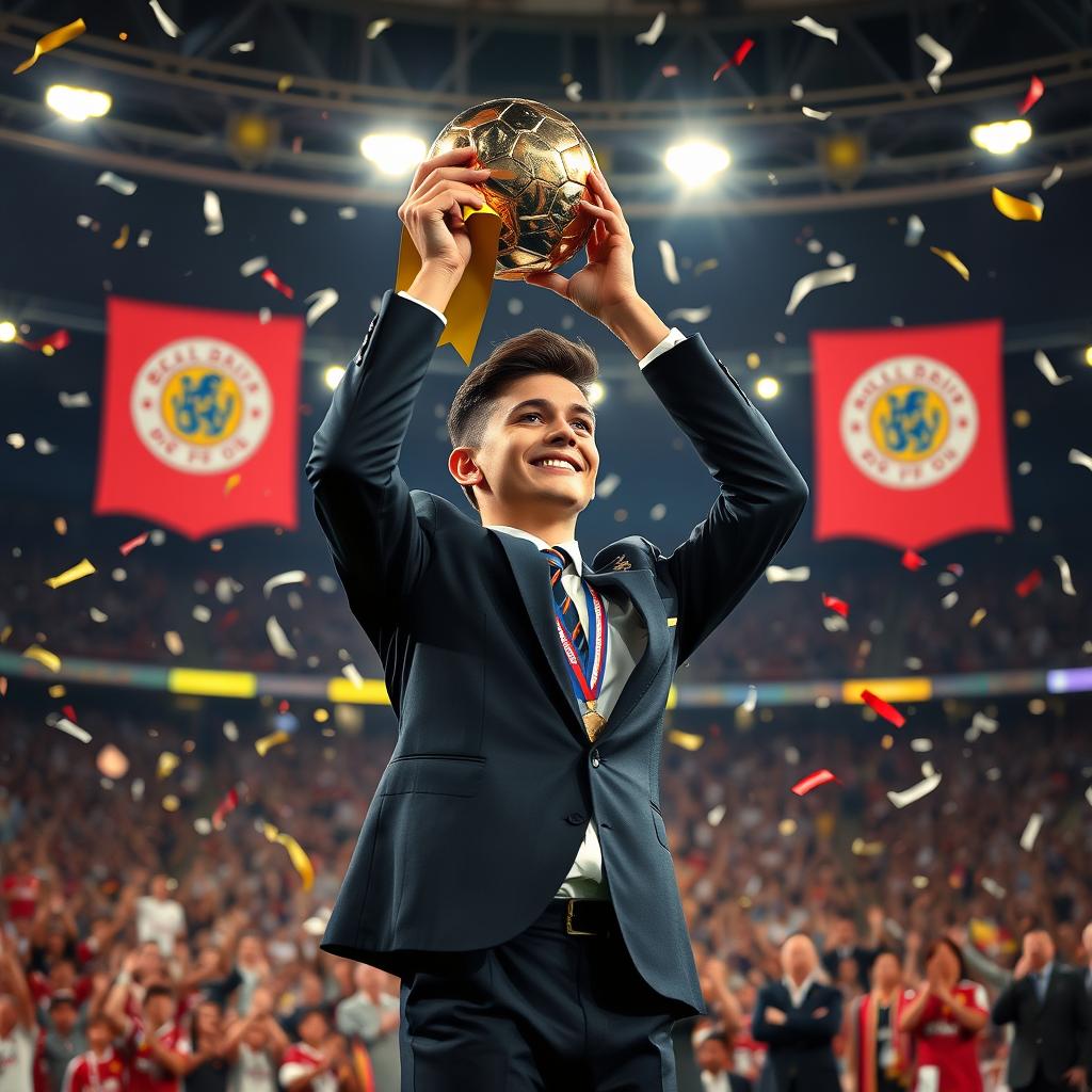 An emotional scene of a young soccer player, Antony, celebrating as he is awarded the prestigious Ballon d'Or trophy