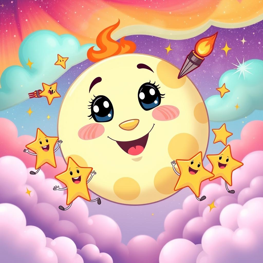 A whimsical and colorful cartoon fantasy scene depicting an Aries moon with a lively personality