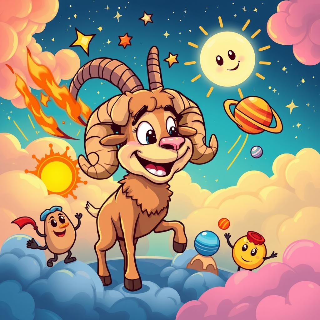 A humorous cartoon fantasy illustration depicting the personality traits of the Aries Moon