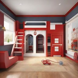 A children's room designed to resemble a fire station, including a bunk bed equipped with an exciting slide.