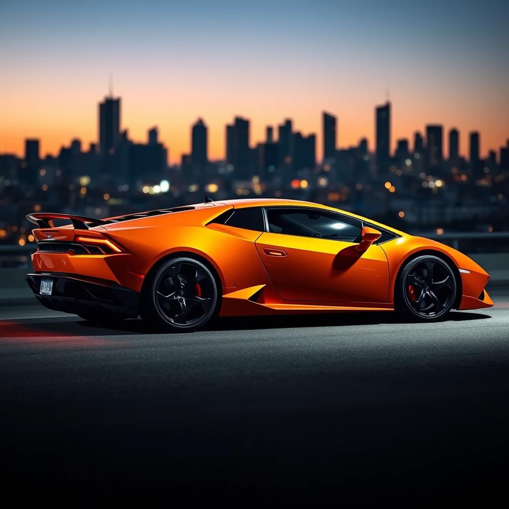 A captivating side view of a sporty Lamborghini, highlighting its iconic sharp lines, aggressive stance, and vibrant orange color