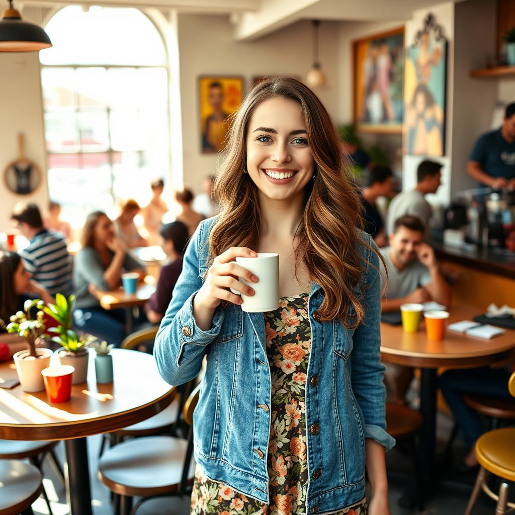 A high-spirited scene in a bustling café filled with sunlight