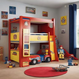 A children's room resembling a fire station, complete with a bunk bed featuring a slide, and decorated with many Fireman Sam toys.