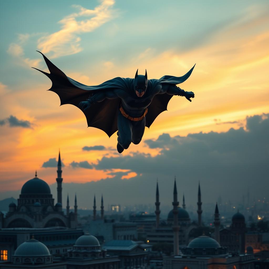 A dynamic scene of Batman soaring through the sky above the Tehran skyline