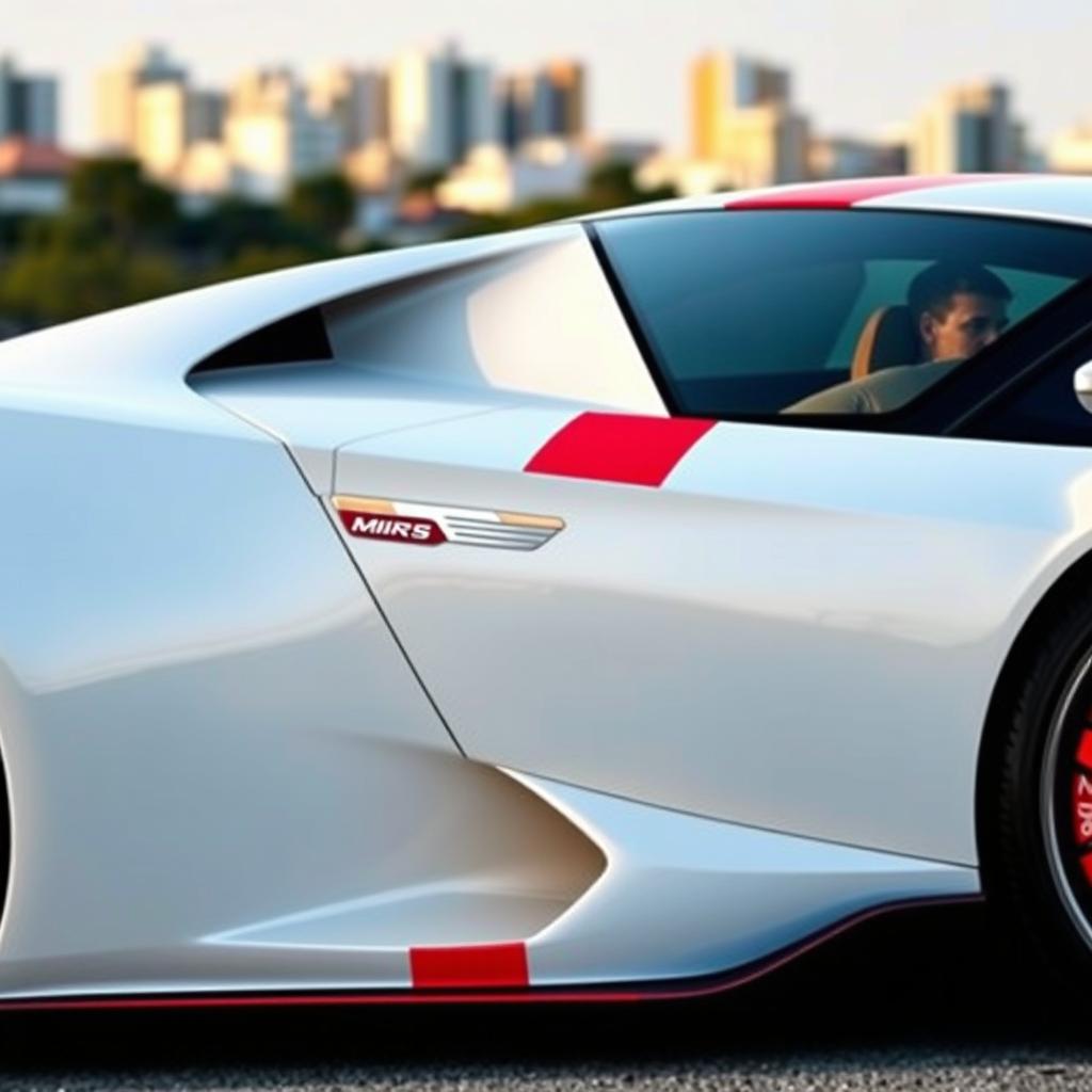 A striking side view of a sporty Lamborghini, featuring a crisp white exterior adorned with a bold red fat stripe running down the center