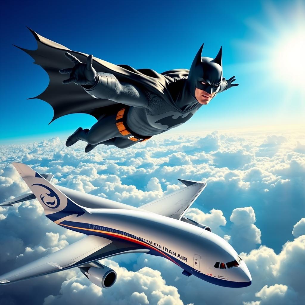 A dynamic scene of Batman soaring through the sky, skillfully navigating a sleek Iran Air airplane soaring gracefully among fluffy clouds