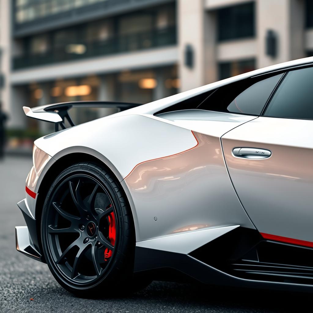 A stunning side view of a sporty Lamborghini, showcasing a sleek white exterior with a bold red fat stripe running down the middle
