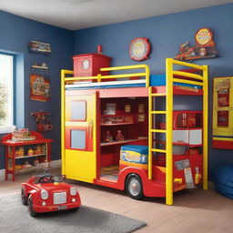 A children's room resembling a fire station, complete with a bunk bed featuring a slide, and decorated with many Fireman Sam toys.