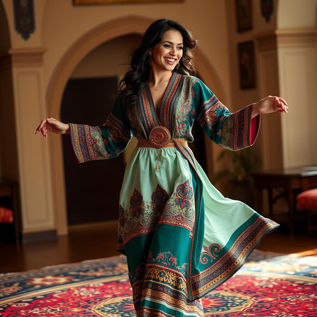 A joyful woman wearing traditional Iranian clothing, showcasing intricate patterns and vibrant colors while dancing gracefully on a beautifully designed Persian carpet