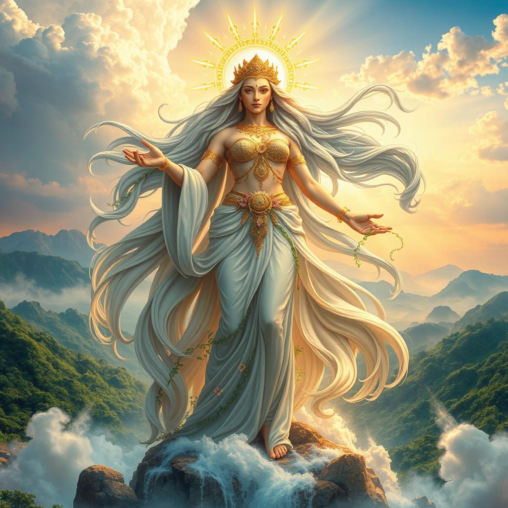 A majestic goddess rising from the earth, her flowing hair cascading down like waterfalls, adorned with intricate golden jewelry that glimmers in the sunlight