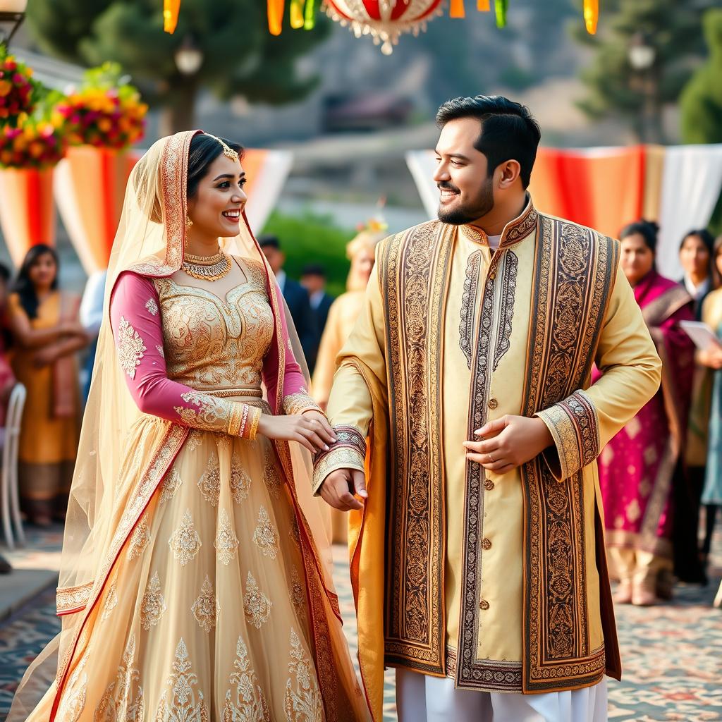 A beautiful Iranian woman in a stunning traditional bridal gown, adorned with intricate gold embroidery and vibrant colors, standing next to a handsome Afghan man dressed in an elegant traditional outfit, showcasing rich fabrics and patterns