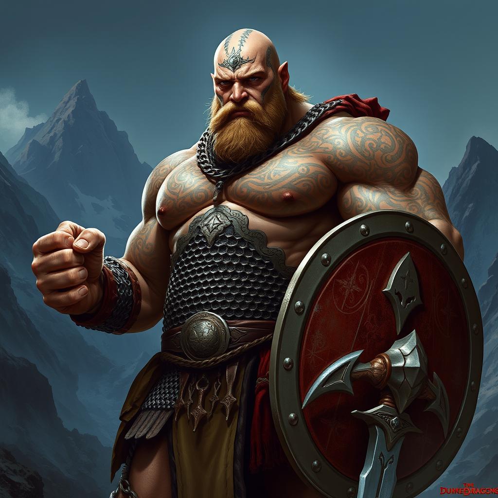 A powerful Goliath warrior from Dungeons and Dragons, showcasing a towering physique covered in intricate tattoos that adorn his bald head