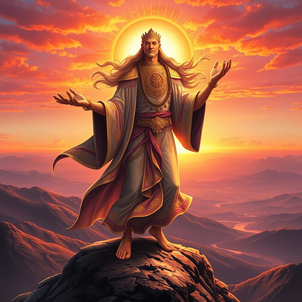 A powerful and majestic figure representing the God of Rising, with a radiant aura surrounding his body