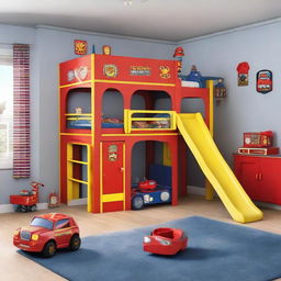 A children's room resembling a fire station, complete with a bunk bed featuring a slide, and decorated with many Fireman Sam toys.