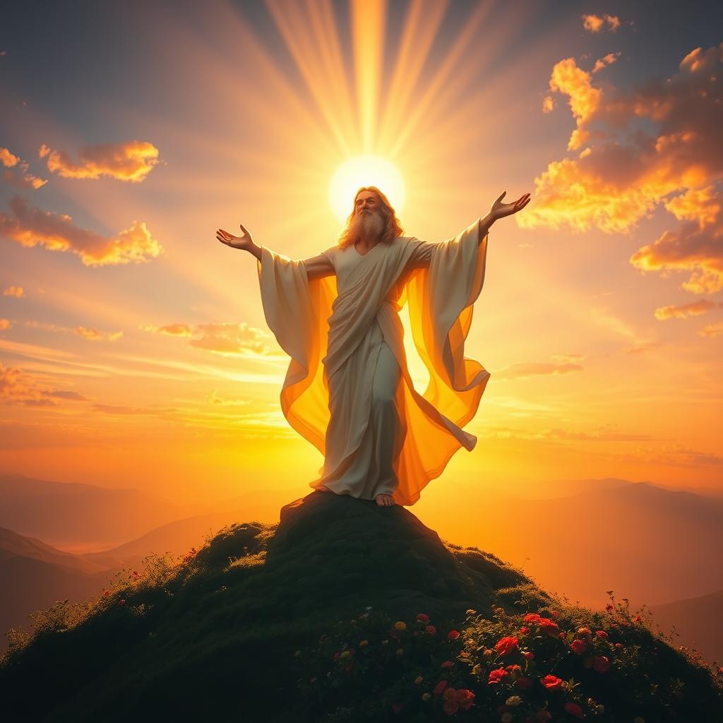 A majestic and powerful depiction of a mythological god representing the concept of rising, portrayed as an ethereal figure bathed in golden light, with flowing robes that appear to be made of clouds