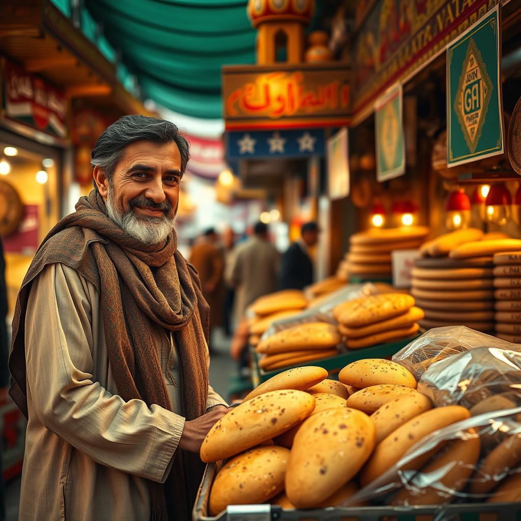 A scene depicting an Afghan man shopping for ten pieces of traditional Barbari bread at a bustling market in Iran