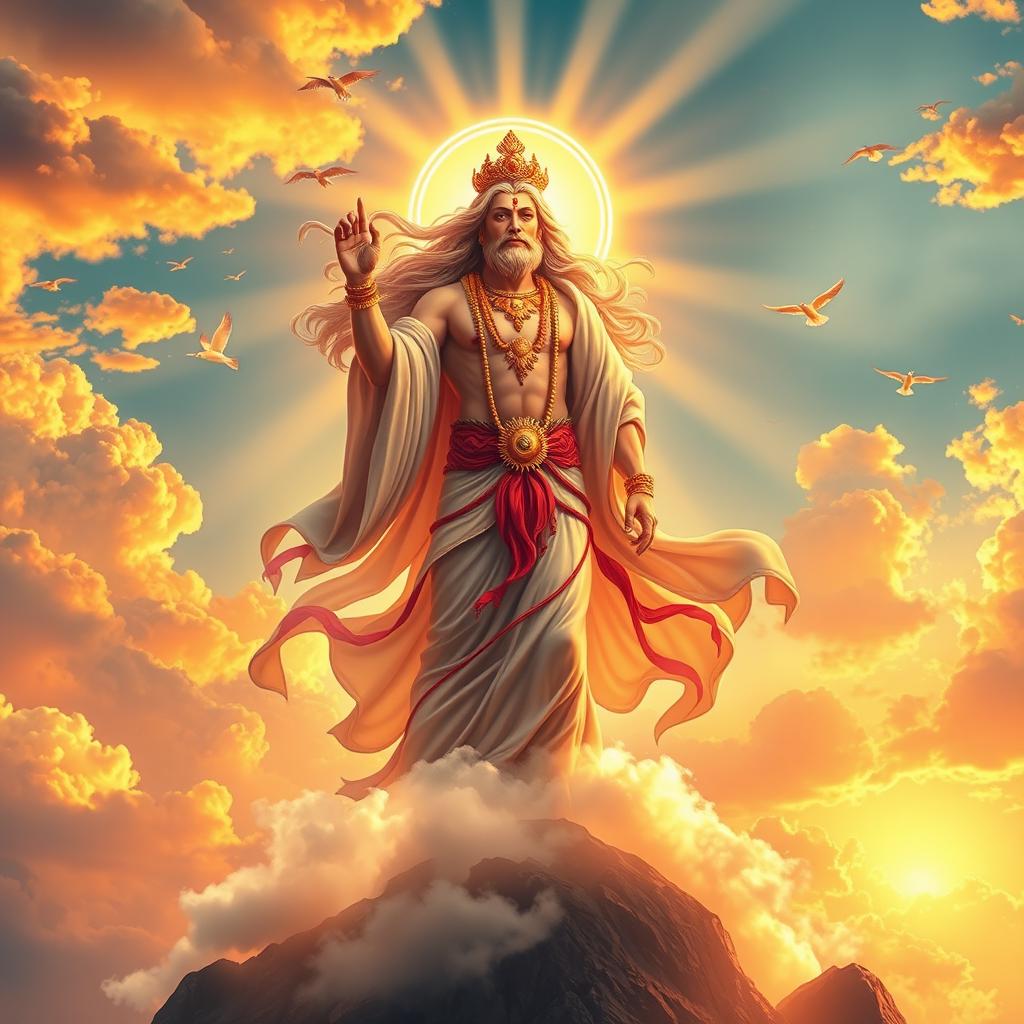A majestic depiction of a powerful deity representing the concept of rising, surrounded by a glowing sunrise that illuminates the sky in vibrant hues of orange, pink, and gold