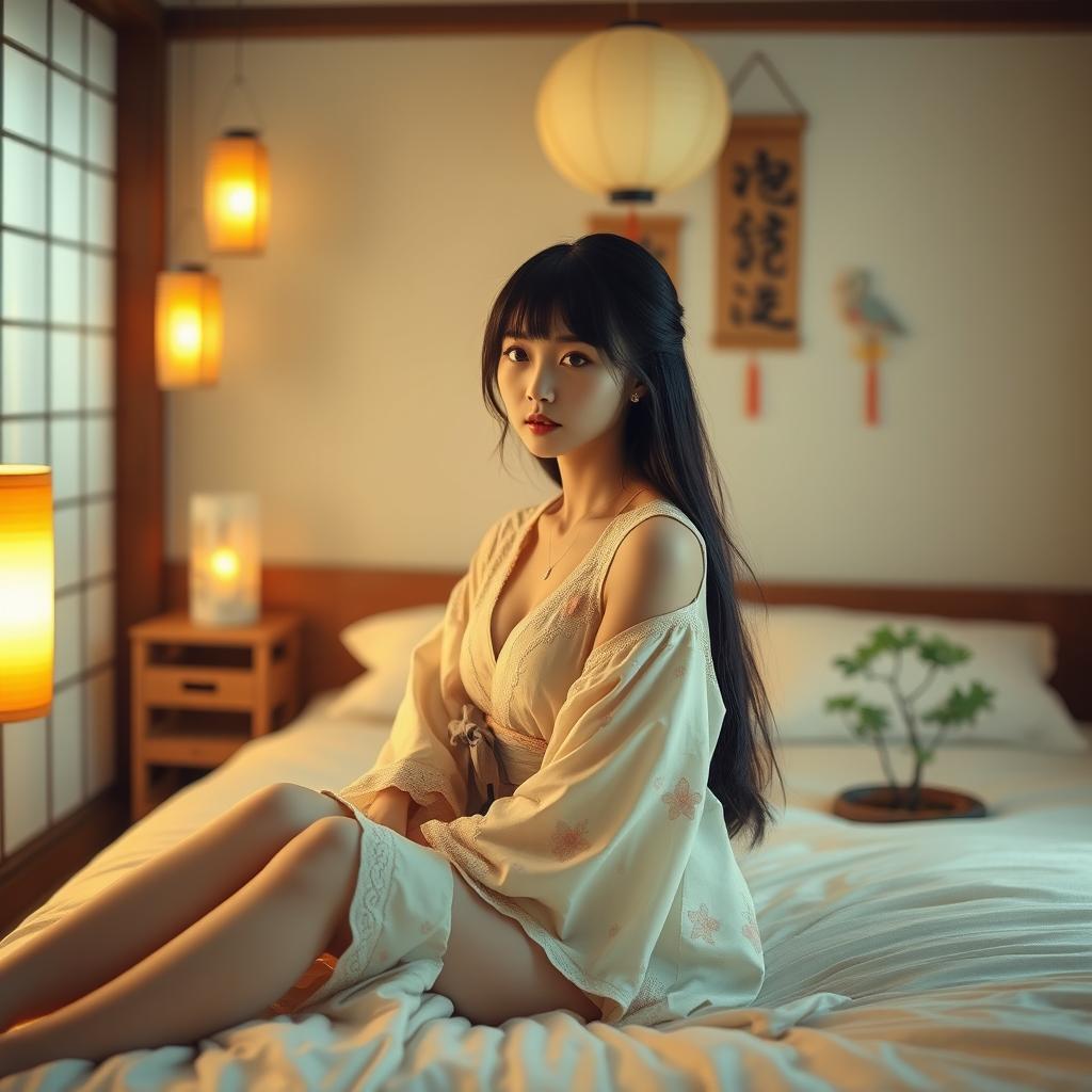 A beautiful Japanese girl, in an aesthetic bedroom setting, sitting on a bed with soft lighting, looking relaxed and contemplative