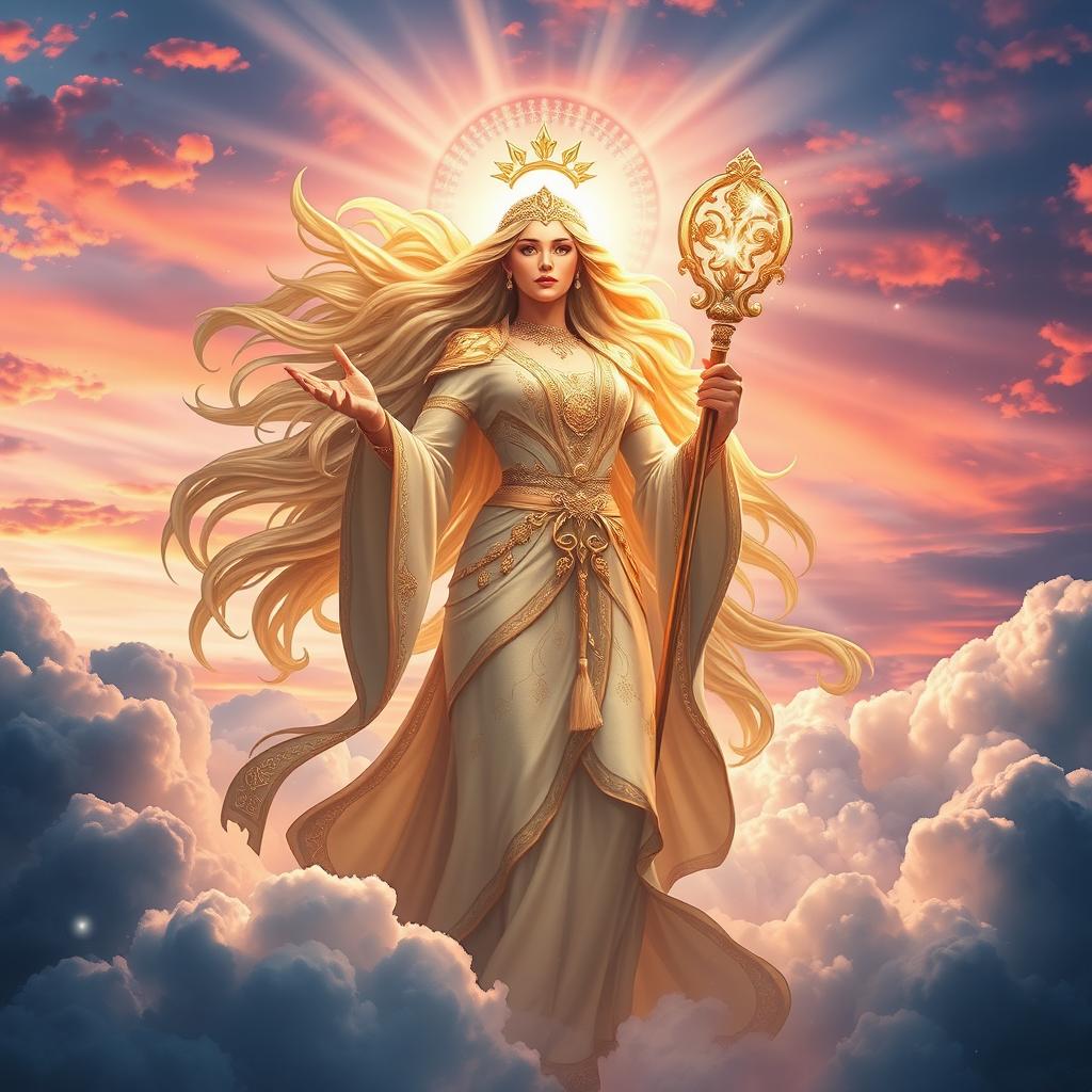 A majestic goddess rising from the clouds, embodying grace and power