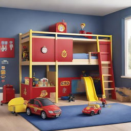 A children's room resembling a fire station, complete with a bunk bed featuring a slide, and decorated with many Fireman Sam toys.