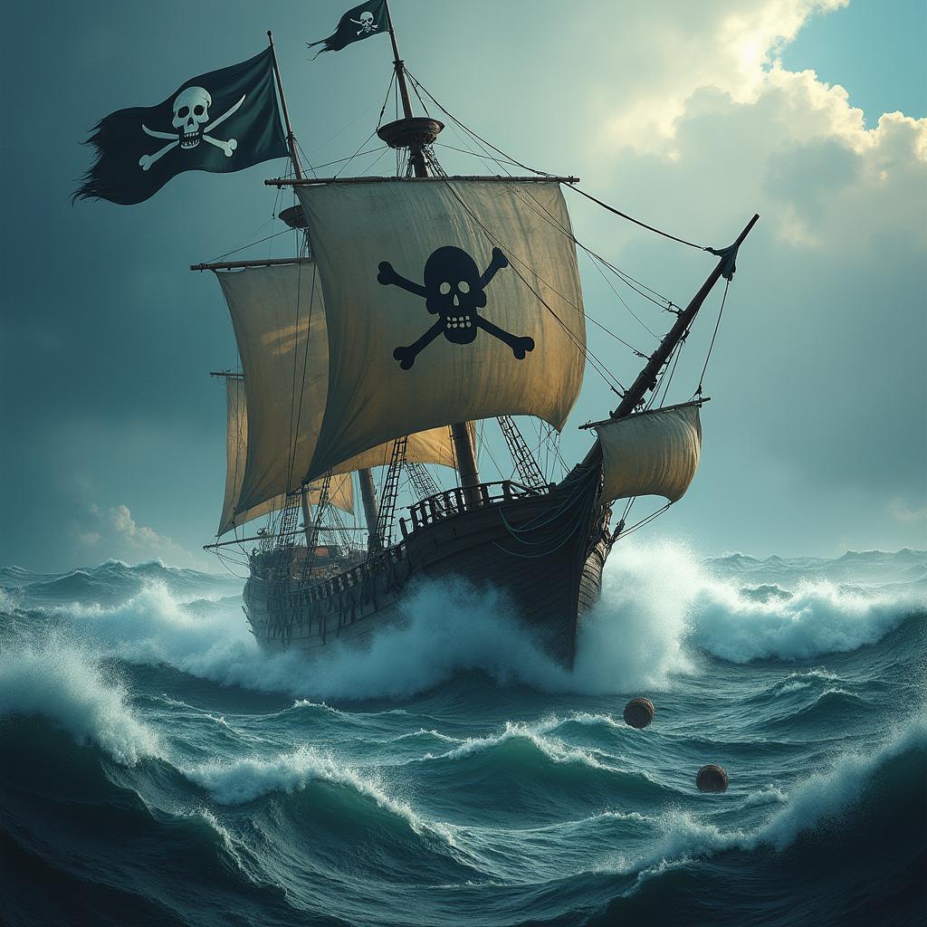 A dramatic scene featuring a 17th century pirate ship, adorned with a fierce skull flag, struggling valiantly in tumultuous stormy seas