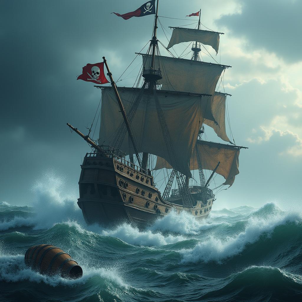 A dramatic scene featuring a 17th century pirate ship, prominently displaying a skull flag, valiantly struggling against fierce stormy seas